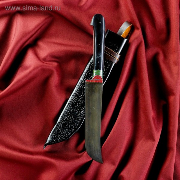 Нож Пчак Шархон средний, граб черный, ерма, гарда олово. гравирока У8 15-16см